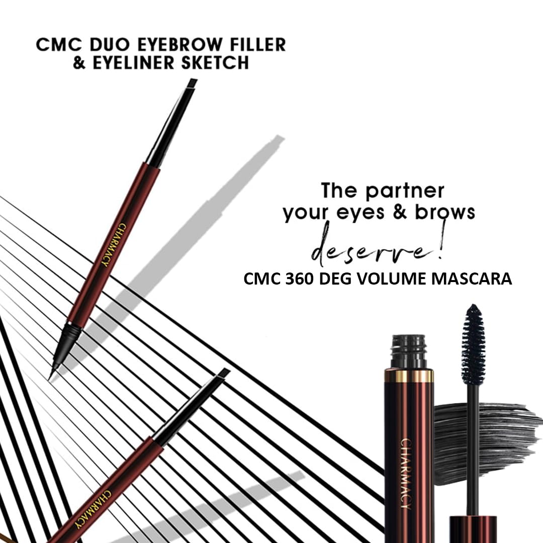 Charmacy Milano Eyeliner & Mascara Combo, CMC Duo Eyebrow Filler and Eyeliner Sketch (Dark Brunette) 0.6ml & CMC 360 Degree Volume Mascara Intense (Black) 8G, Waterproof, Smudge-proof