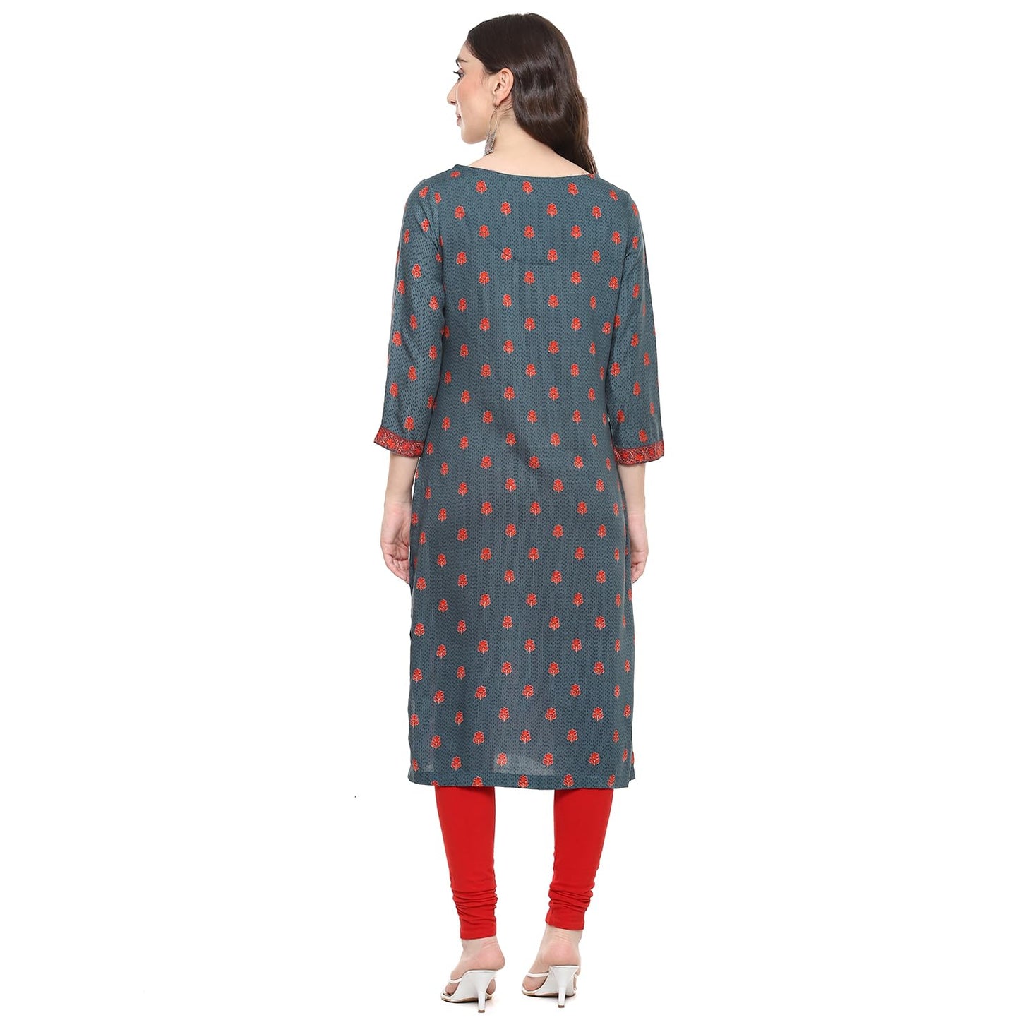 BIBA Women's Rayon Women's Regular Fit Straight Kurta Printed Mix and Match(Assorted19749_Teal_36)