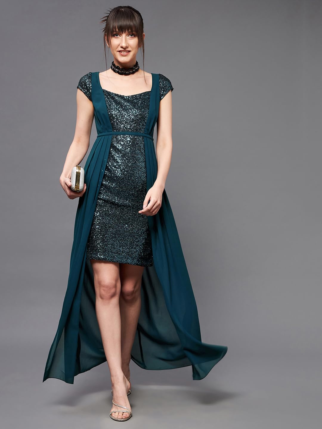 Miss Chase Women's Square Neck Short Sleeve Embellished Layered Maxi Dress (MCSS22D13-70-83-04, Teal, M)
