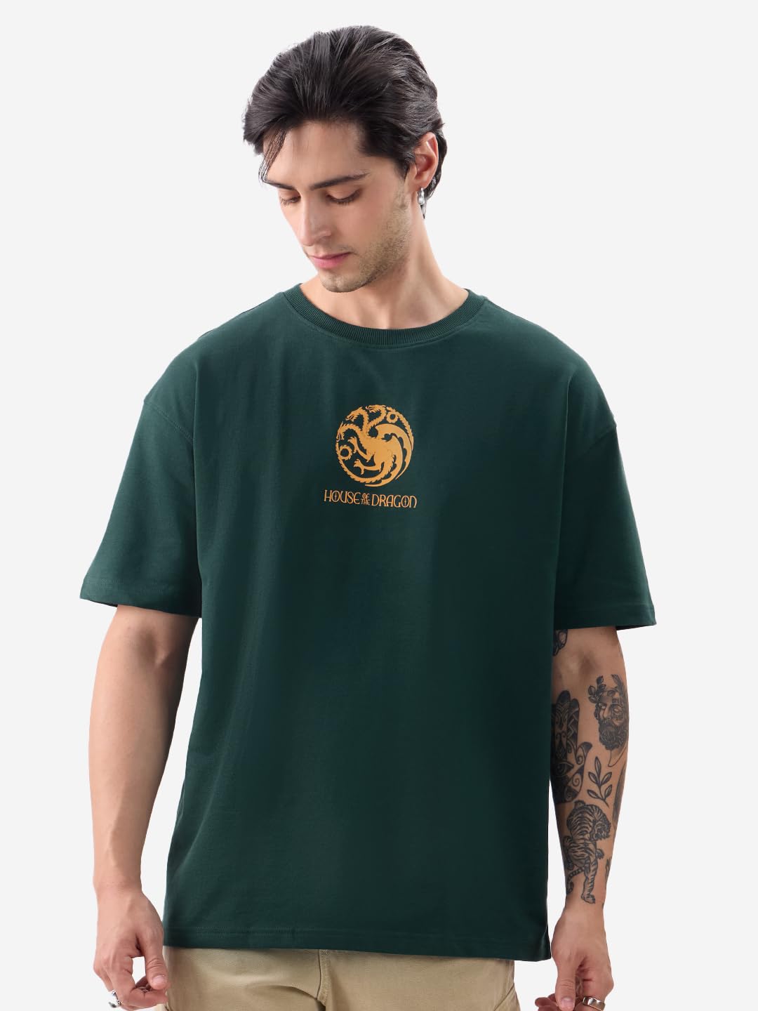 The Souled Store Official House of Dragon: Fire Made Flesh Men and Boys Short Sleeves Round Neck Green Graphic Printed Cotton Oversized T-Shirts