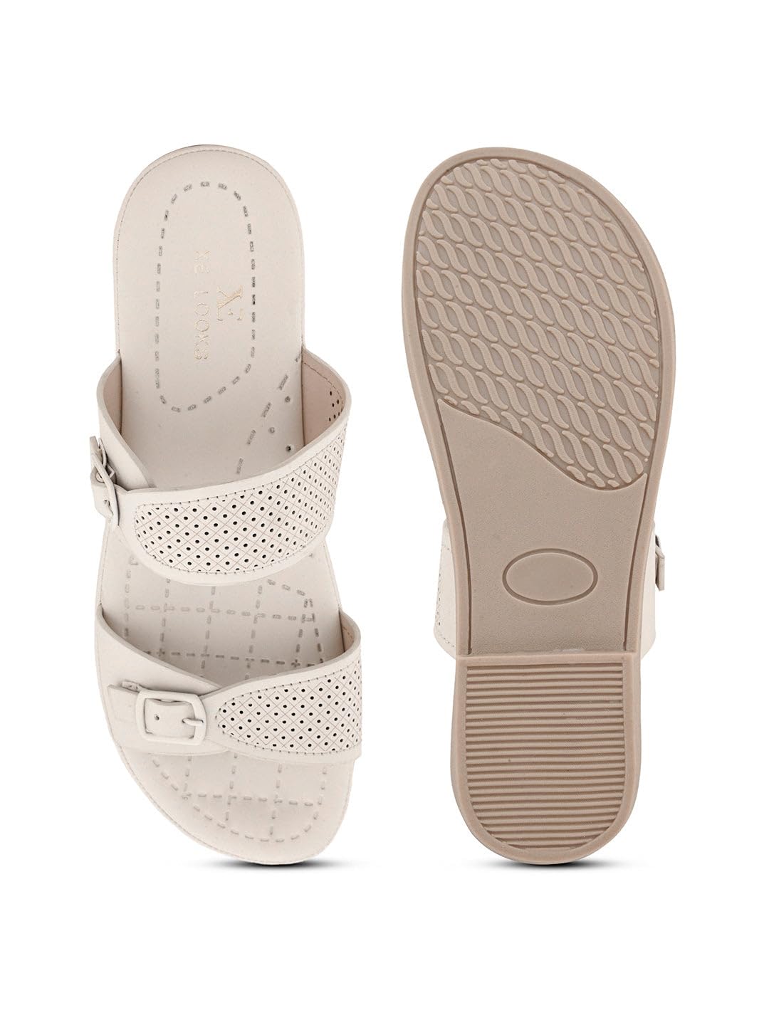 XE Looks Elegant Light Cream Stylish Buckle Sandals - Perforated Comfort for Everyday Style
