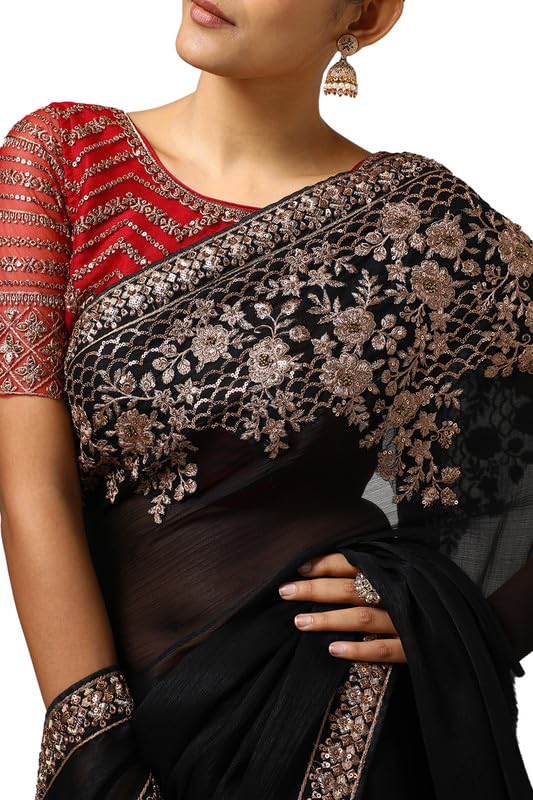 Soch Womens Black Chiffon Embroidered Saree With Sequins