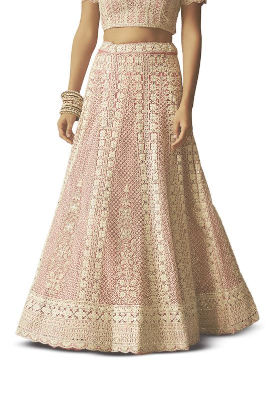 Soch Womens Pink Net All-Over Embroidered Unstitched Lehenga Set with Stonework