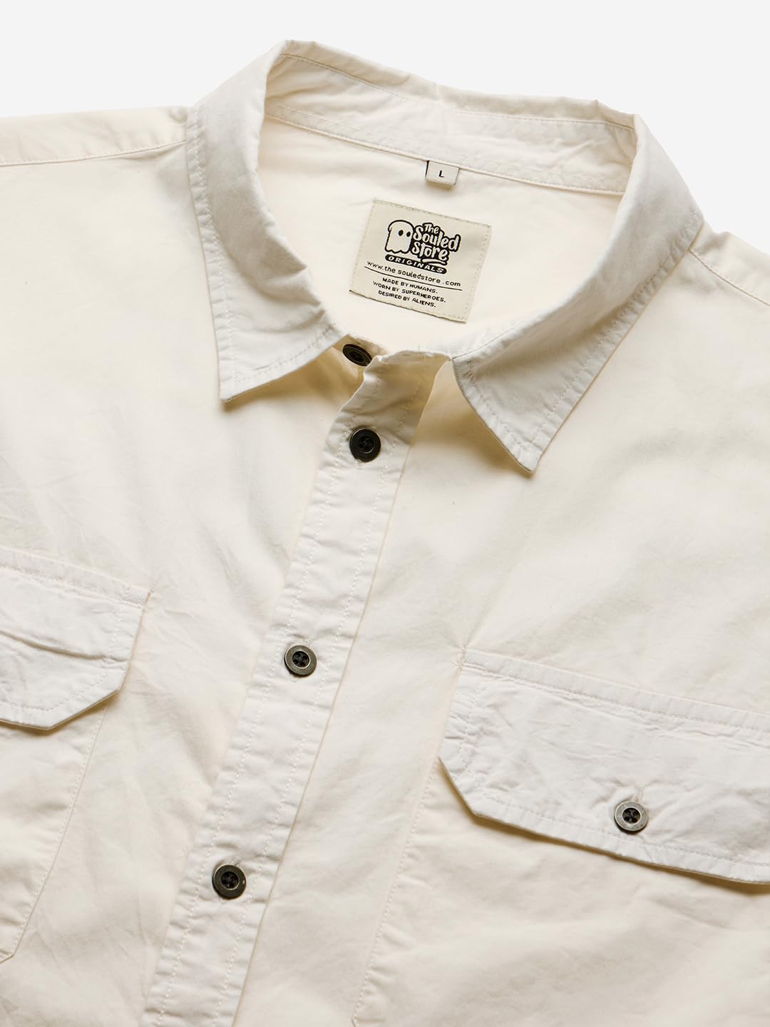 The Souled Store Solids Off White Long Sleeve Collared Cotton Utility Shirts for Mens & Boys- Regular Fit with Classic Style