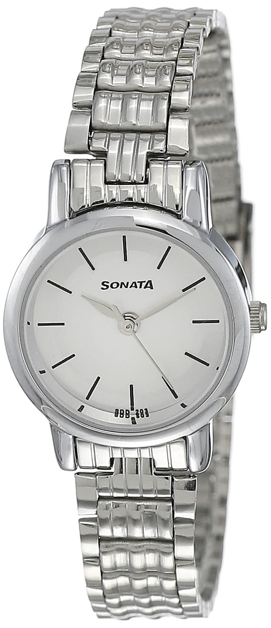 Sonata Quartz Analog White Dial Stainless Steel Strap Watch for Women-NR8976SM01W/NT8976SM01W