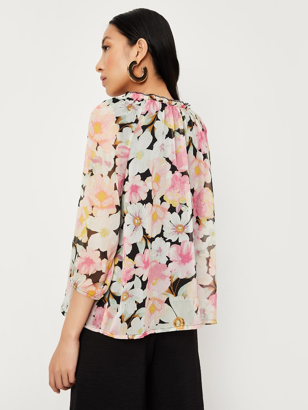 max Women Floral Printed Blouse (WVN3203BLACK)_XS