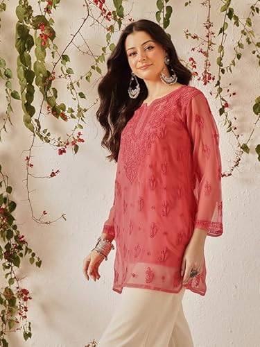 Ada Faux Georgette Short Kurti with Slip Hand Embroidered Lucknowi Chikankari Top Tunic for Women A911557 (2XL, Carrot Pink)