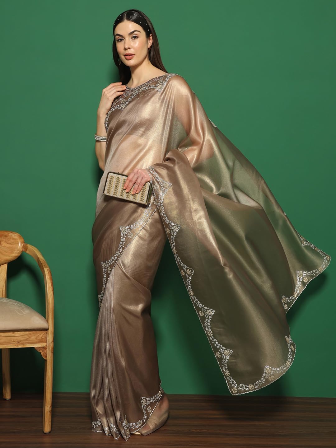 SAREE MALL Women's Organza Solid Saree With Unstitched Blouse Piece(Bronze_FF0MAHEK763B_MK)