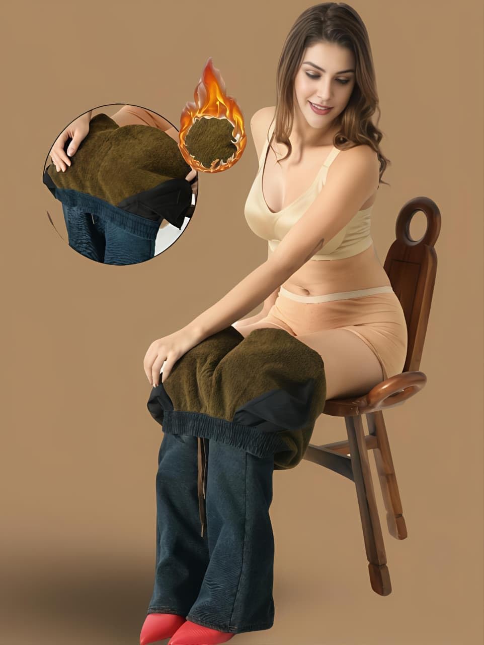 Knots N Stitches Women’s Fleece Lined High Waist Thermal Jeans | Winter Warm Stretch Denim Leggings with Pockets & Drawstring | Soft Elastic Waist Skinny Fit Pants | 2XL