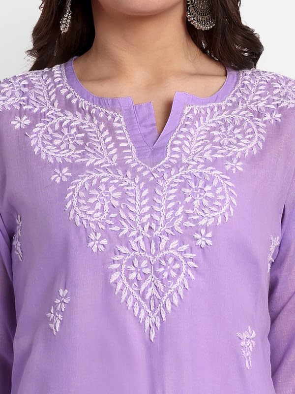 Ada Hand Embroidered Lucknowi Chikankari Cotton Straight Short Kurti Top for Women A911343 Lavender (M)