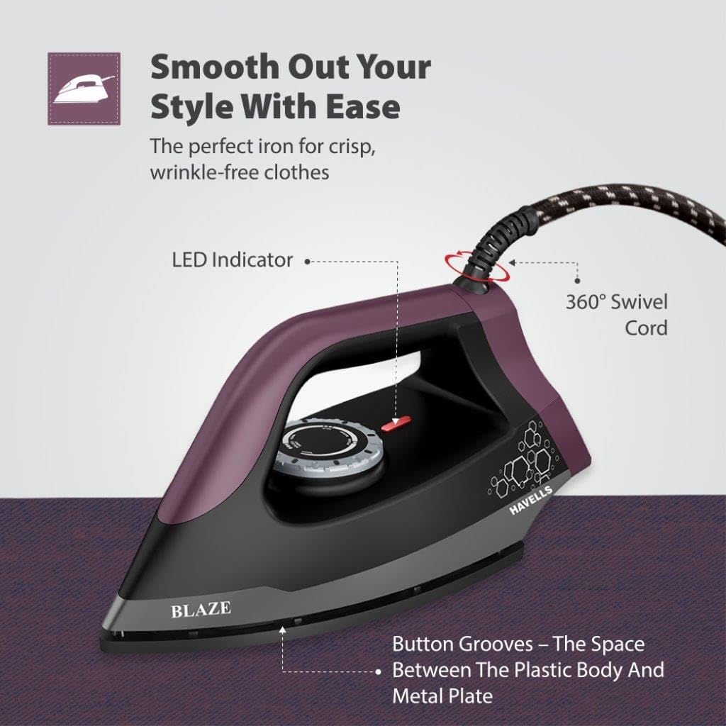 Havells Blaze Dry Iron 2 KG Heavy Weight Dry Iron| 1250W| American Heritage Non-stick Coated Sole Plate For Smooth Gliding & Long Life| Aerodynamic Design| 2 Year Manufacturer Warranty (Black)