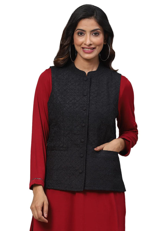 BIBA WOMEN SOLID; EMBROIDRED MIX AND MATCH(COATS/JA17486_BLACK_32)