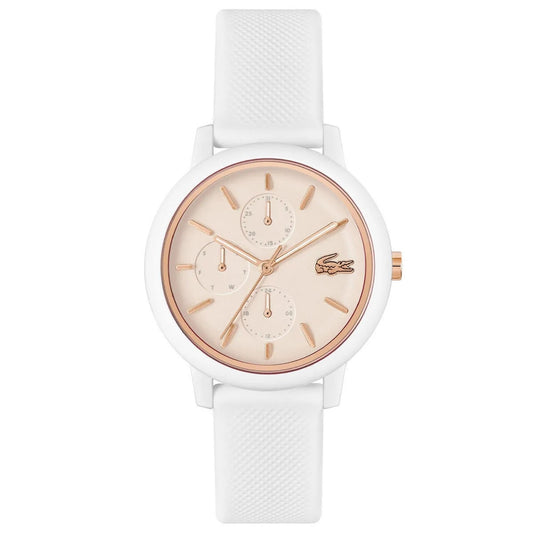 Lacoste Lacoste.12.12 Qtz Multifunction Carnation Gold Round Dial Women's Watch|White Silicone Material|White Color Band - 2001326