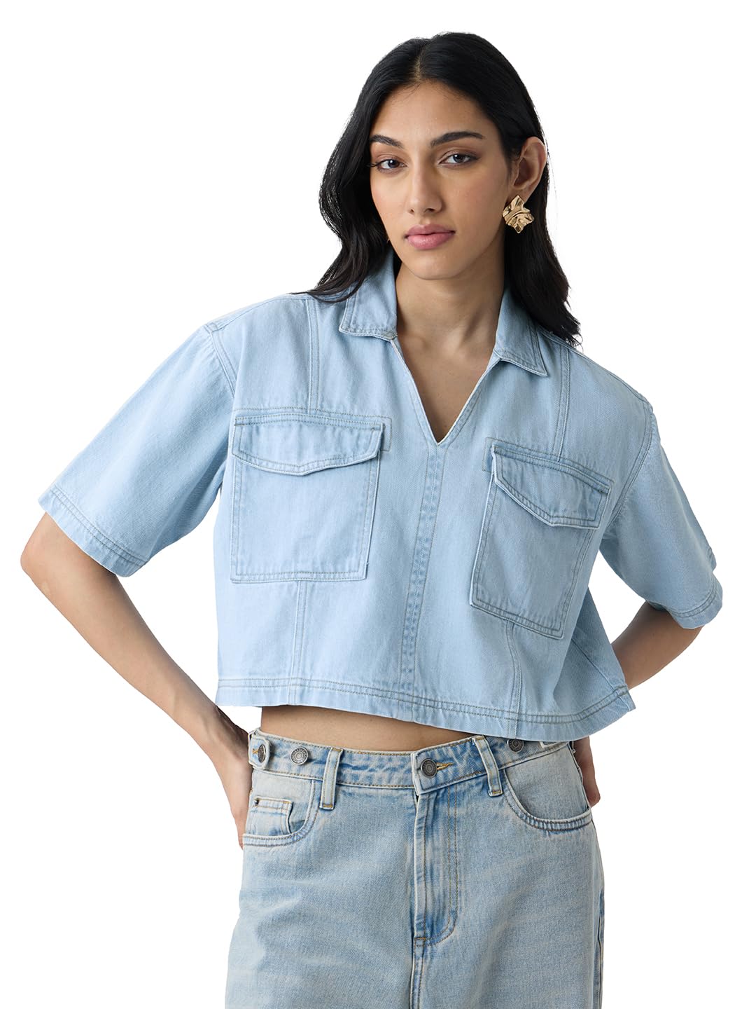 The Souled Store Denim Shirt: Mid Blue Women and Girls Short Sleeves Collared Neck Pull On Solid Cotton Oversized Cropped Shirts