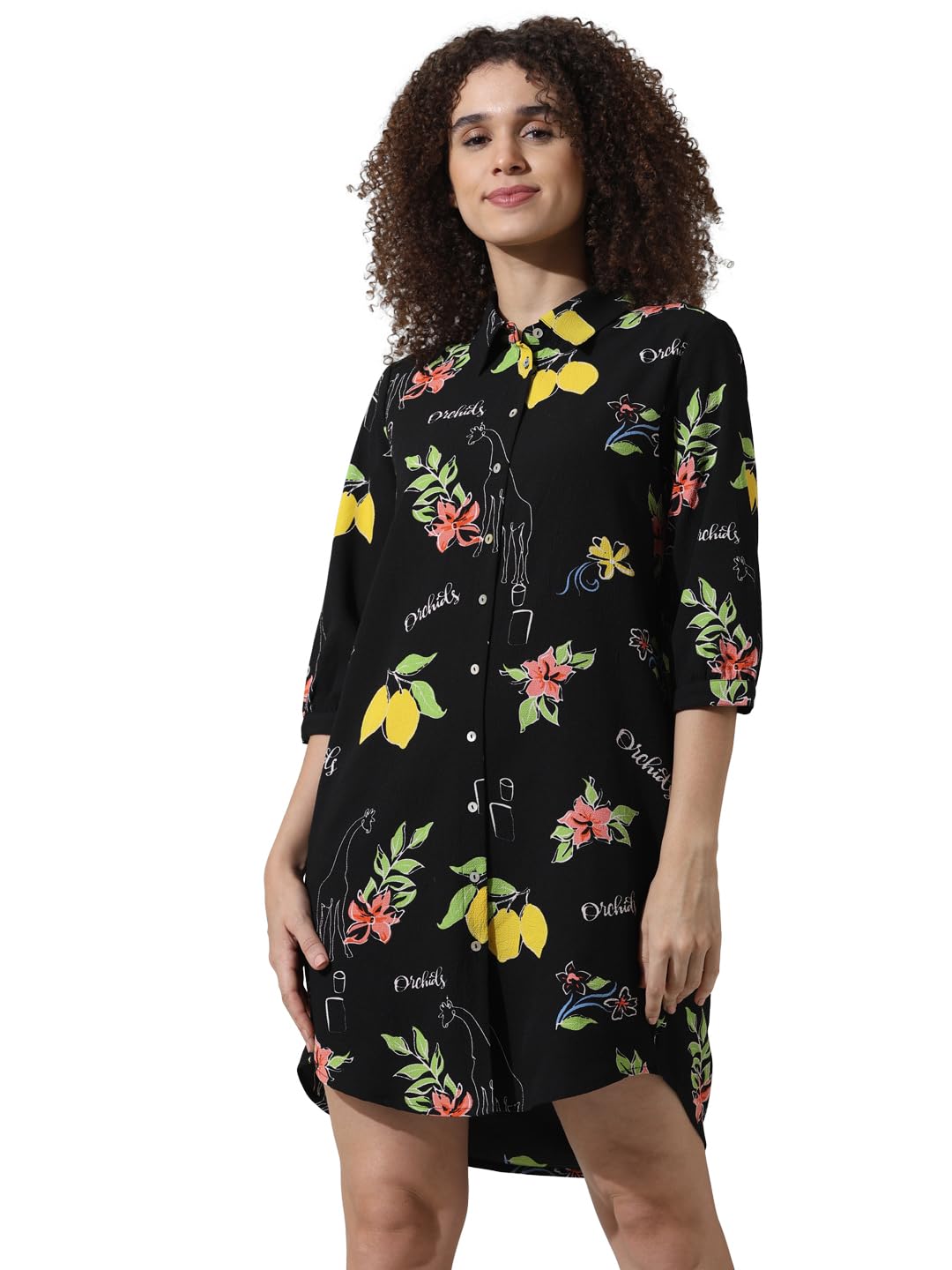 ONLY Women Printed Polyester Above Knee Black Shirt Dress
