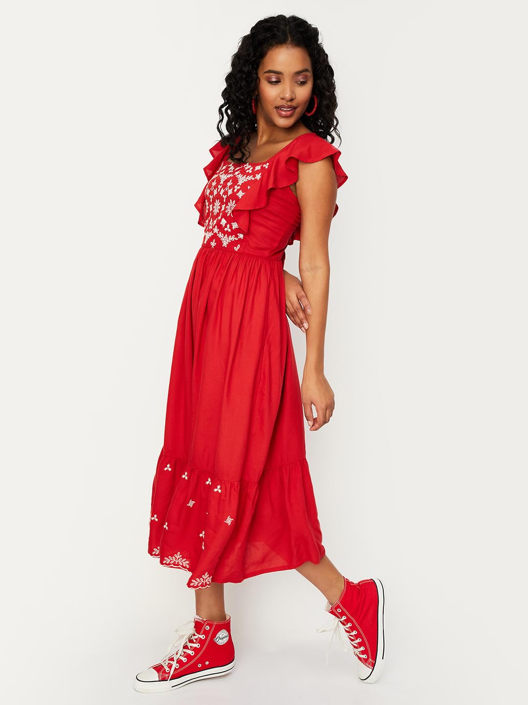 max Women's Rayon A-Line Midi Dress (Red)