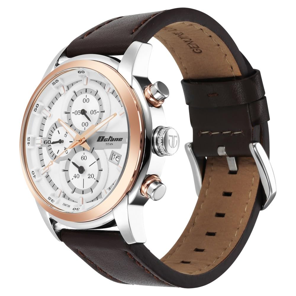 Titan Octane Quartz Chronograph with Date Silver Dial Brown Leather Strap Watch for Men - NT90086KL02