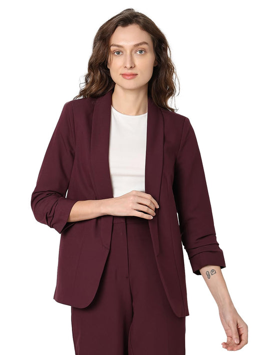 VERO MODA Women Solid Maroon Relaxed Fit Single Breasted Blazer
