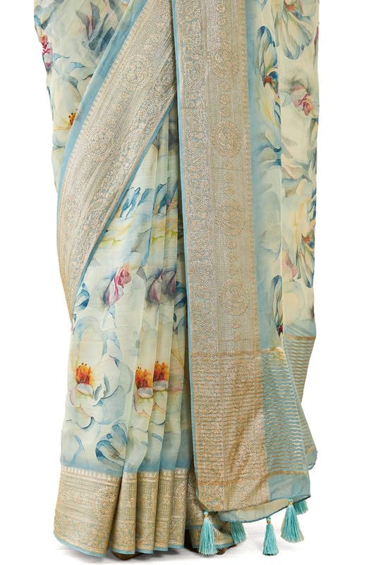 Soch Womens Turquoise Blue Organza Floral Print Saree with Woven Borders