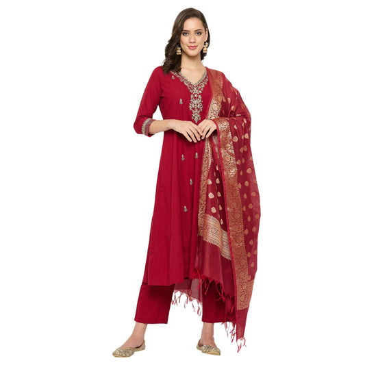 Rangavali Mangalagiri Anarkali Suit Set | Maroon Embroidered Managalgiri Readymade Outfit Kurta, Pant & Banarasi Dupatta for Women | Kurti Set for Ladies | 3 Pcs, 2XL, 42
