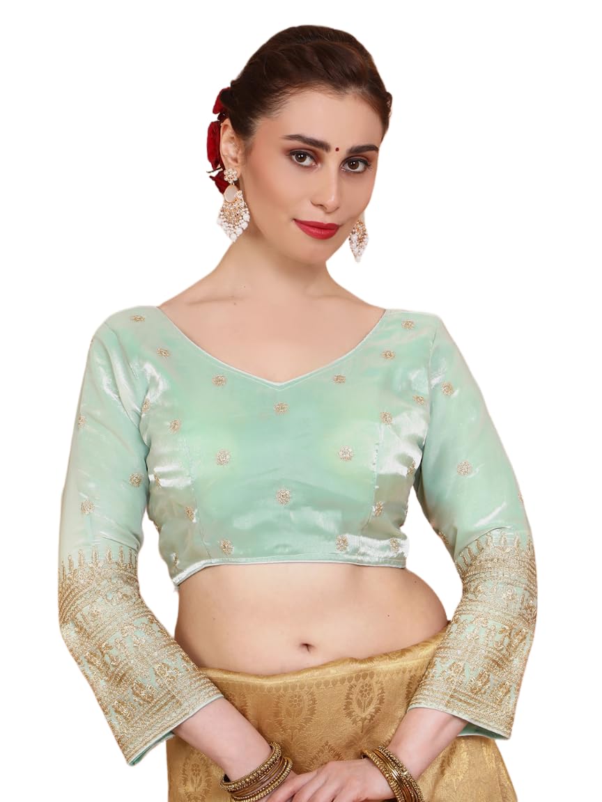 S SALWAR STUDIO Pista Green Organza V Neck Embroidered Readymade Alterable Blouse