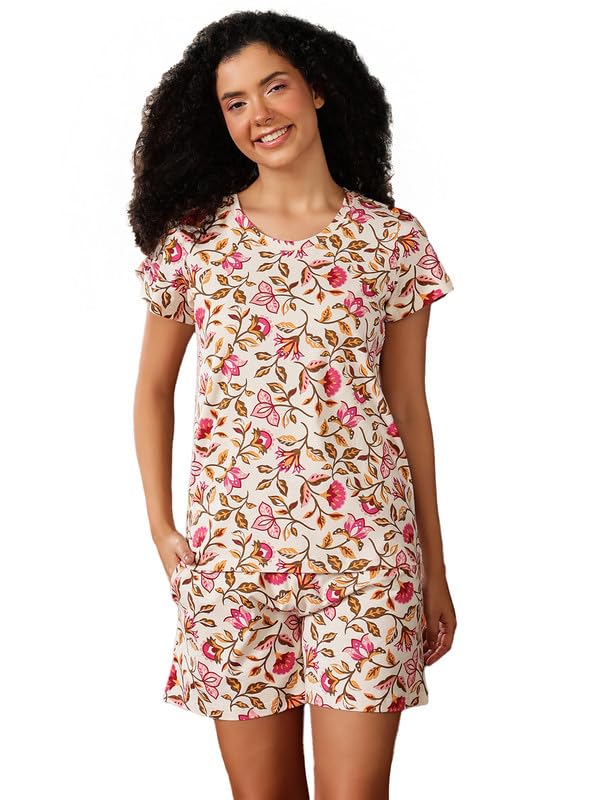 Clovia Women's Cotton Nightwear Set – Abstract Print T-Shirt & Shorts | Sleepwear Lounge Set (LS0111B18_White_S)