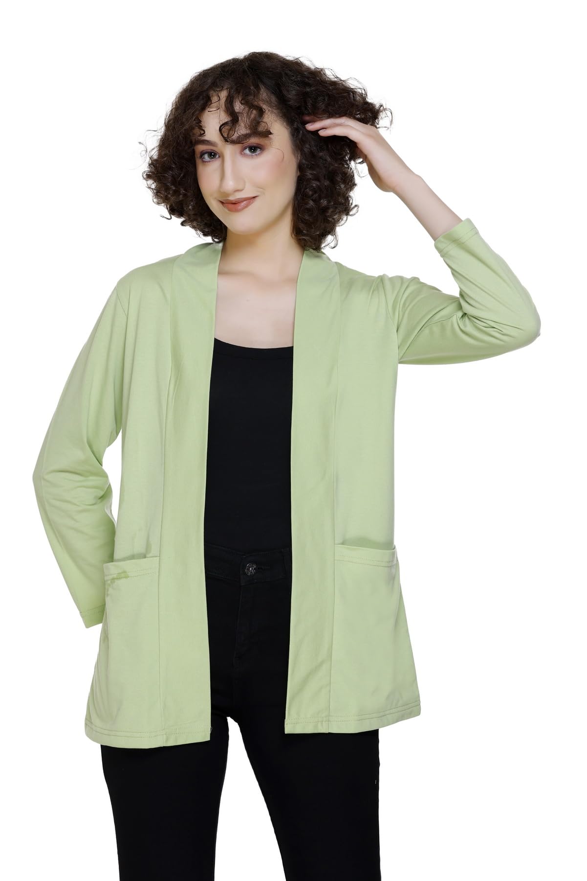 Plush Women's Cotton Waterfall Front Open Regular Mid Length Shurgs | Girls/Ladies Shrug with Front Pockets (2XL-Light Green)