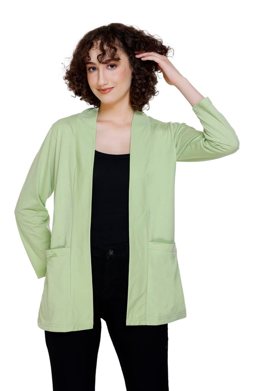 Plush Women's Cotton Waterfall Front Open Regular Mid Length Shurgs | Girls/Ladies Shrug with Front Pockets (2XL-Light Green)