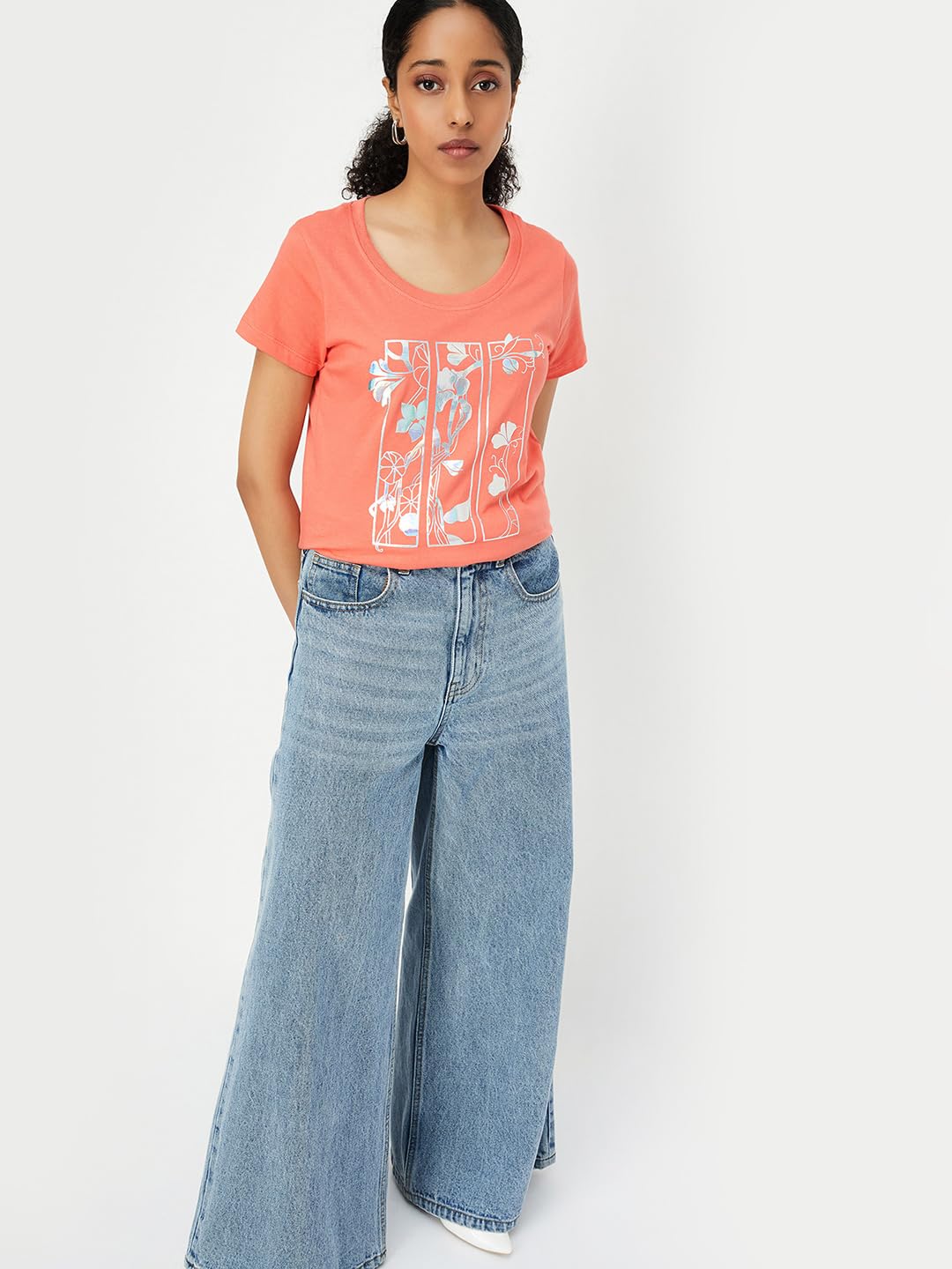 Max Women's Cotton Regular Fit Metallic Printed T-Shirt (Sp24Ccp05Orange)_M