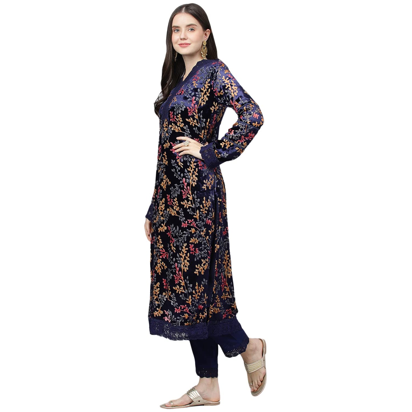 Divena Blue Floral Burn Out Valvet Kurta pant With Organza Dupatta set