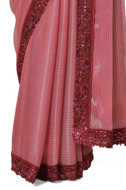 Soch Womens Onion Pink Chiffon Striped Saree with Sequin Lace Border