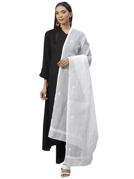 Ada Hand Embroidered Lucknow Chikankari White Cotton Blend Dupatta Stole for Women A511111