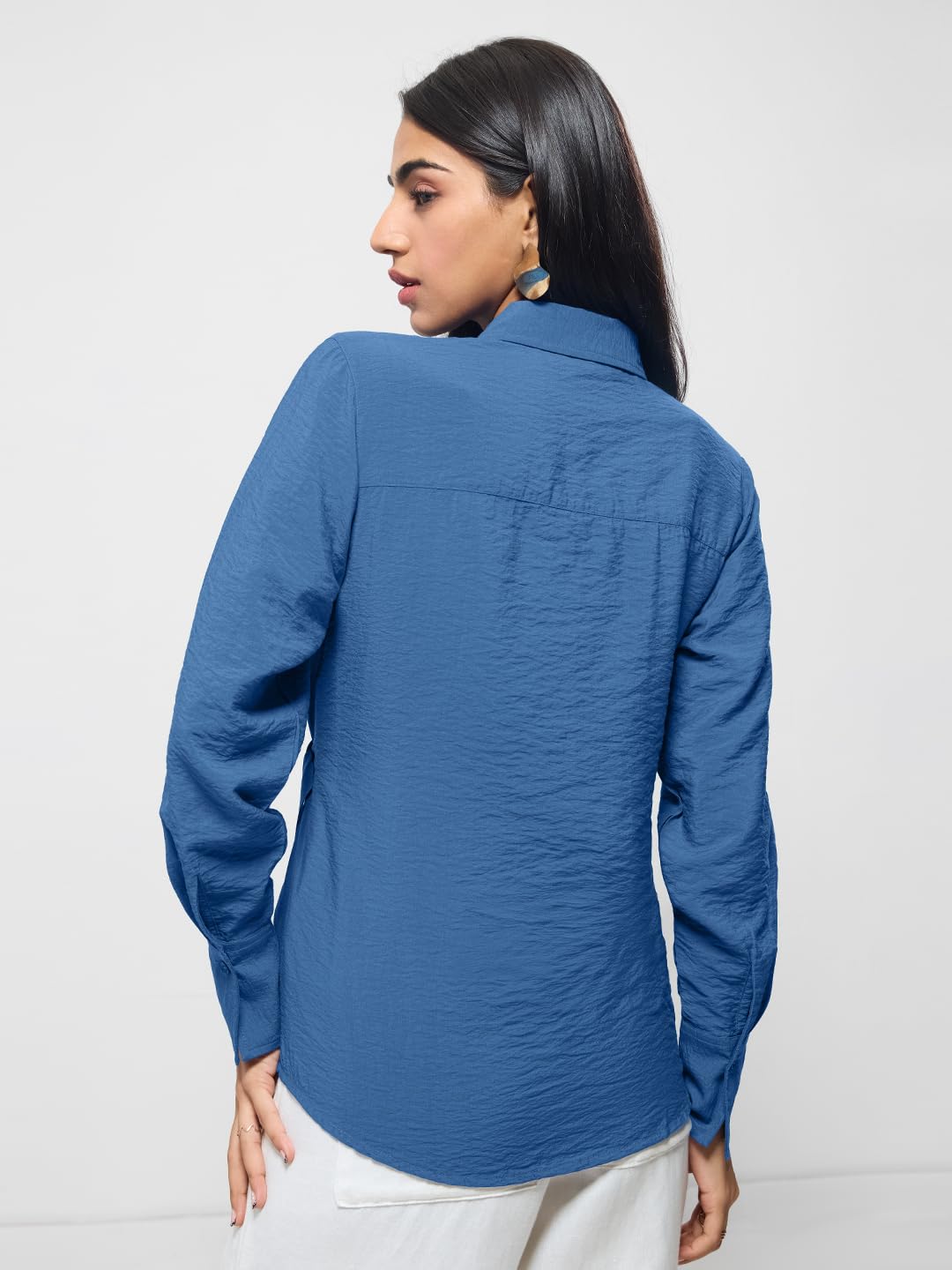 The Souled Store Buckle Shirt: Women and Girls Full Sleeves Spread Collar Solid Textured Viscose Nylon Blend Regular Fit Lightweight Summer-Ready Shirt