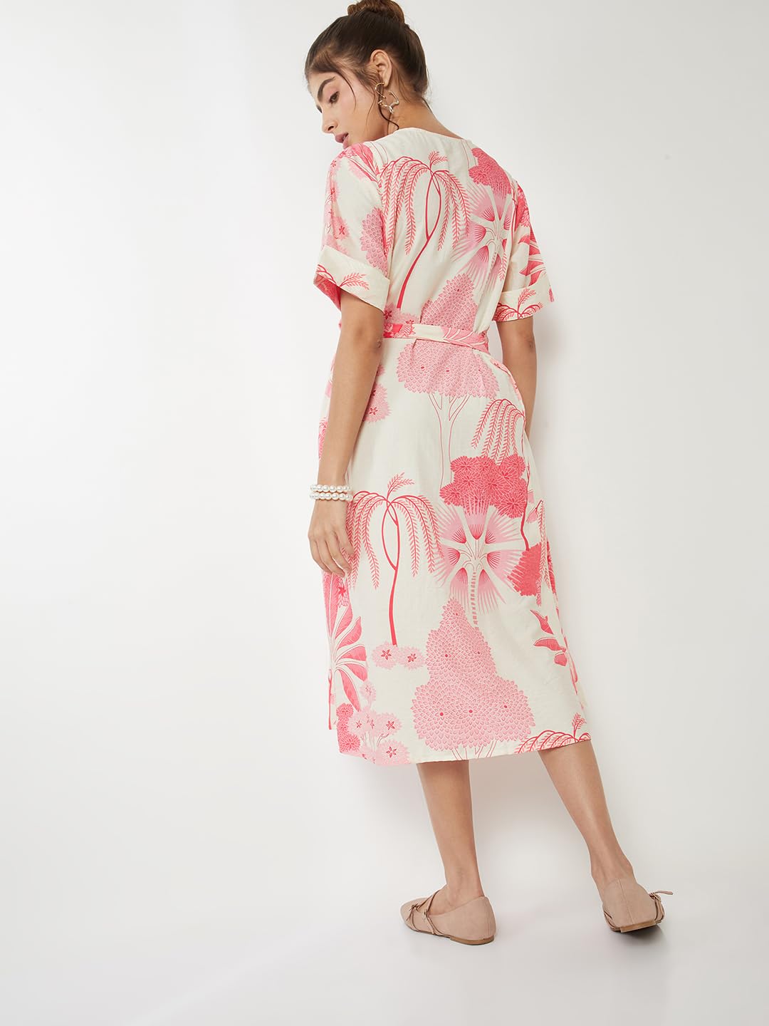 Max Women Floral Print A-line Dress(White_L)