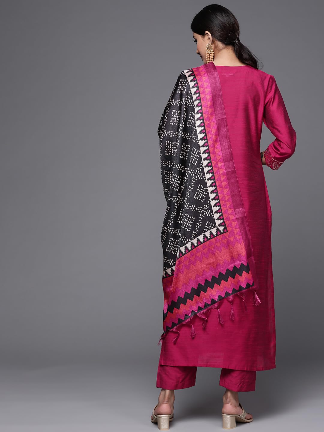 Varanga Magenta Silk Kurta Set for Women – Elegant Woven Yoke, Gota Embellishment, Elasticated Trouser, Side Slits – Stylish & Comfortable Ethnic Wear (Extra Large)