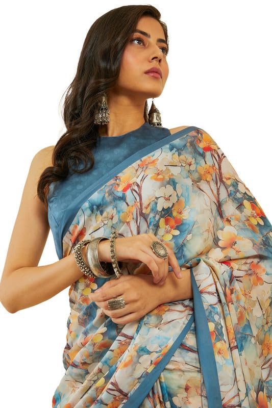 Soch Womens Grey Floral Print Crepe Saree