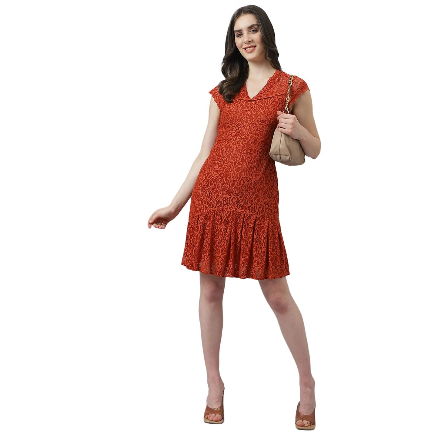 Latin Quarters Women's Rust Self Design Lace Cap Sleeve Dress with Ruffles_L