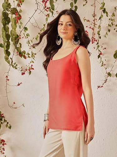 Ada Faux Georgette Short Kurti with Slip Hand Embroidered Lucknowi Chikankari Top Tunic for Women A911557 (2XL, Carrot Pink)