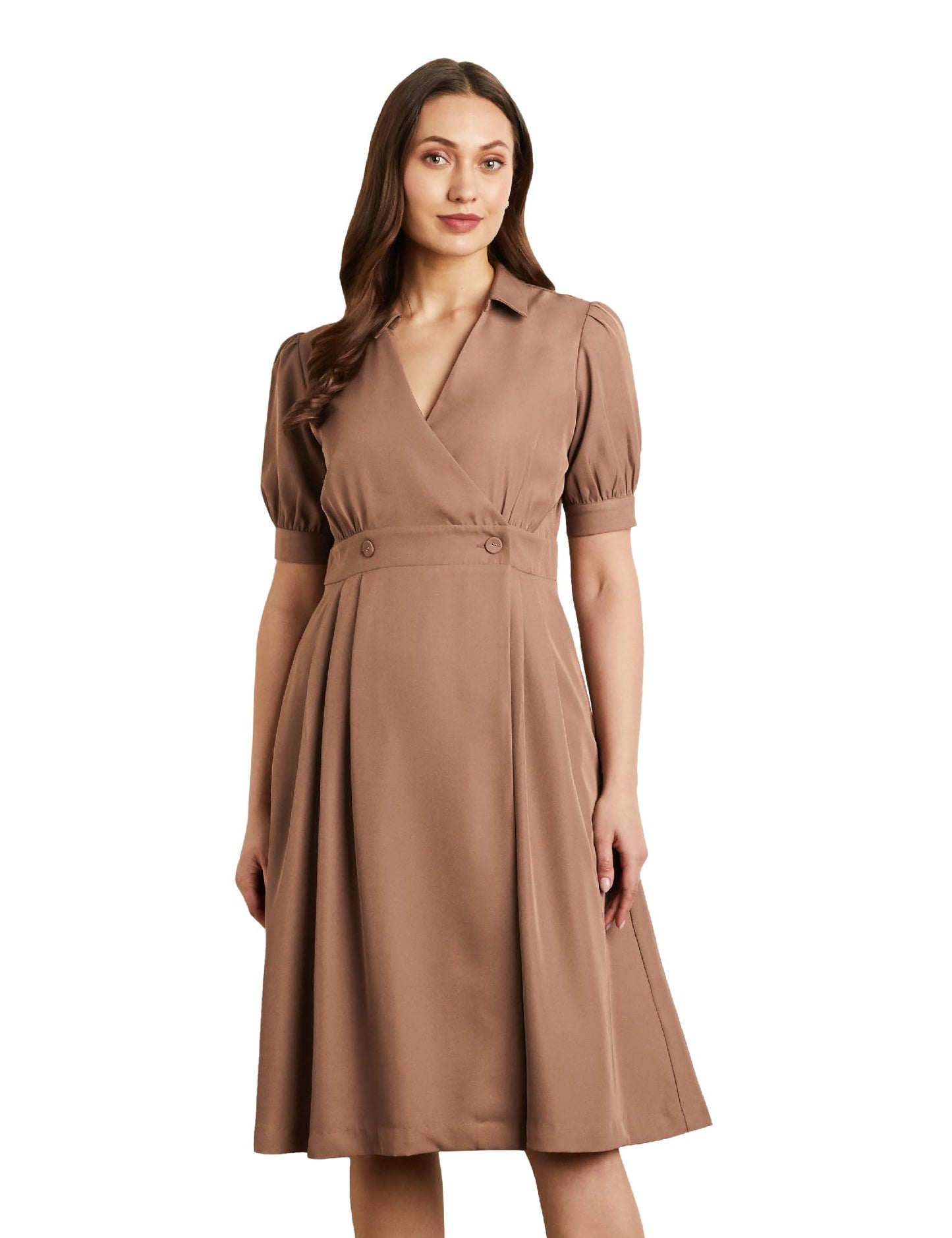 Symbol Premium Women's Fit & Flare Wrap Dress (Midi Length | Desk-to-Dinner) (SBP-SS24-WDR-607_Taupe_7XL)