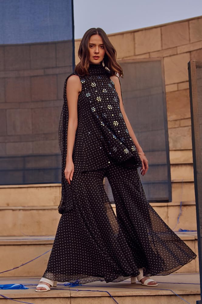 W for Woman W Women Black Festive Geometric Print Georgette Kurta Set, Sharara & Dupatta_24FEWS10619-123035_3XL