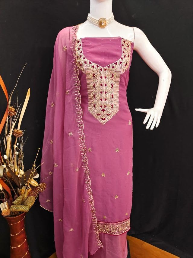 VARNI FABRICS Georgette Dress Material for Women Embroidered Unstitched Woman Salwar Suit Dress Material With Georgette Dupatta Magenta pink