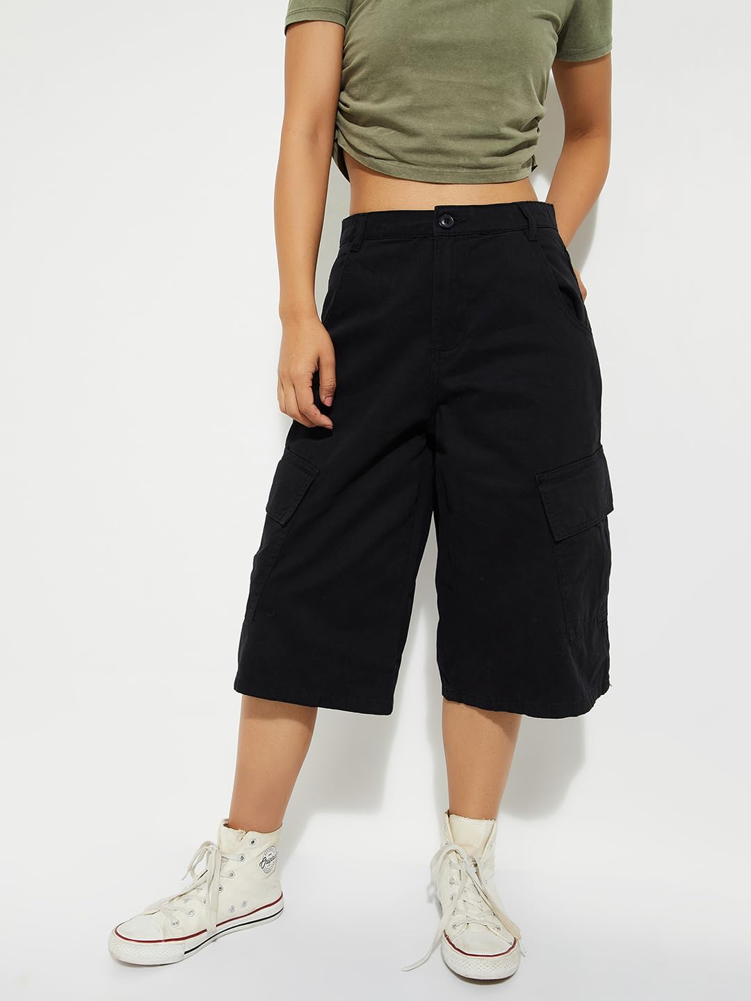 Max Alaya F x URB_N Women Solid Cargo Shorts (Black_32)