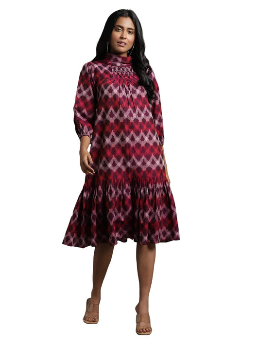 Ritu Kumar Purple Pleated High Neck Midi Dress with Ruffled Hem