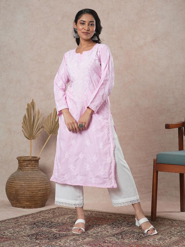Ada Hand Embroidered Lucknowi Chikankari Cotton Kurta Kurti for Women A411687 Light Pink (4XL)