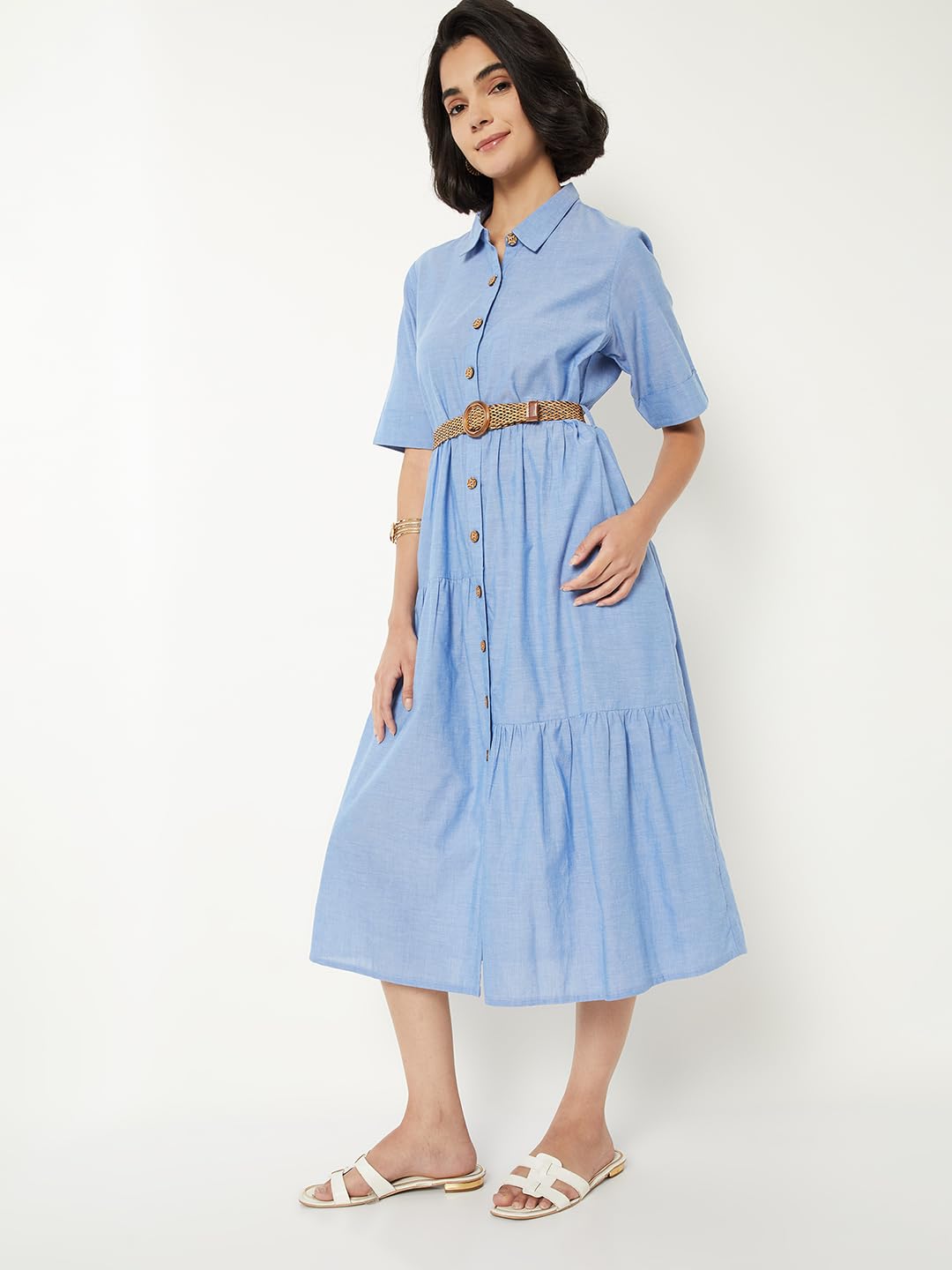 Max Women Solid Shirt Dress with Belt (Blue_L)