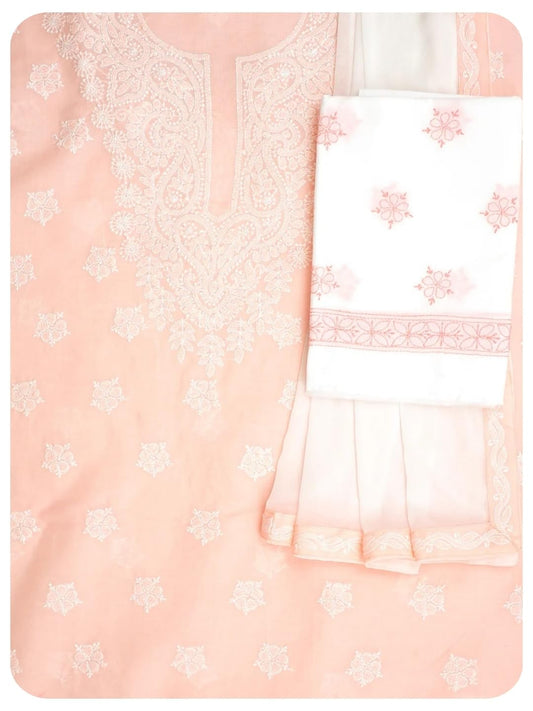 Ada Hand Embroidered Lucknowi Chikankari Unstitched Cotton Dress Material Suit Piece with Dupatta for Women A211366 Peach