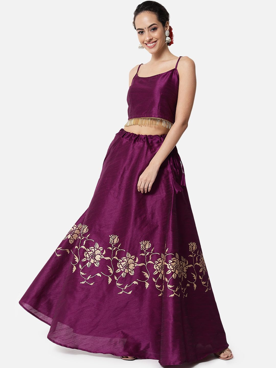 studio rasa Women's Dupion Hand Block Printed Bias Skirt for Wedding Festive (SKTC422RC12M_Purple_Medium)