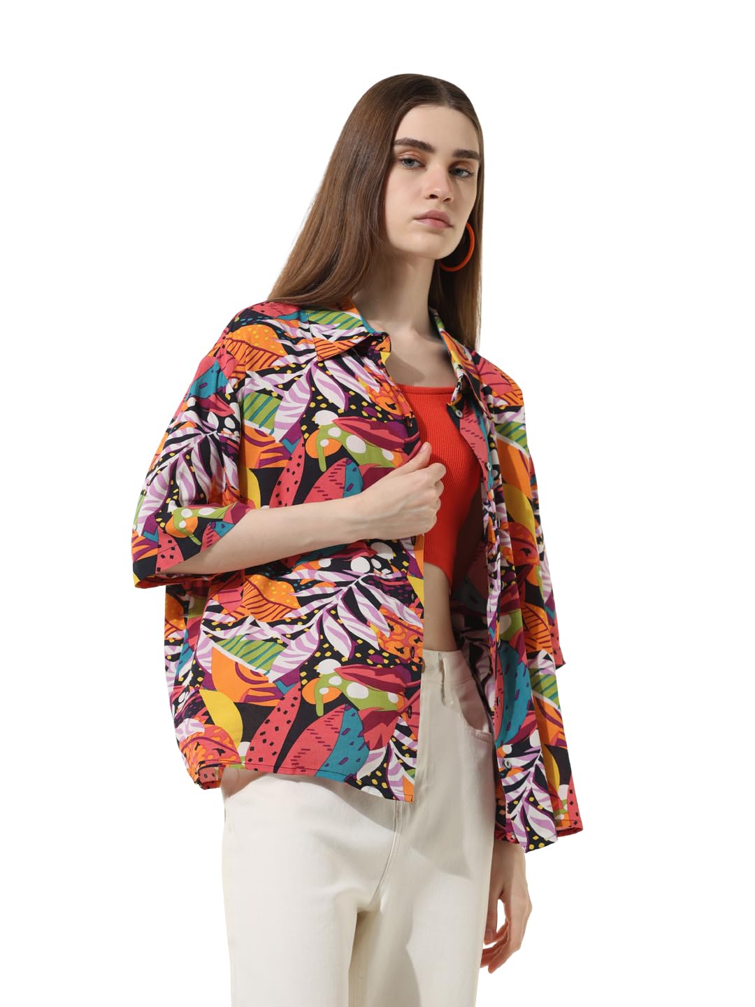 ONLY Women Printed Rayon Oversized Multicolor Shirt