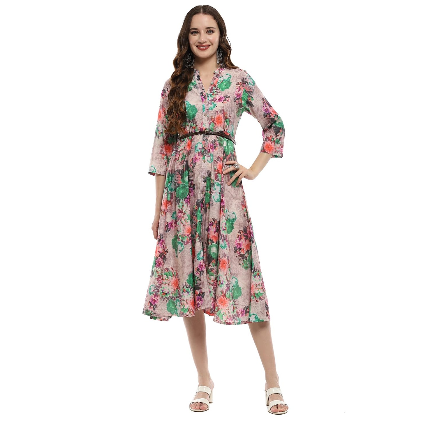 BIBA Women's Rayon Fit and Flare Below The Knee Formal Dress (ASSORTED1775EAW24PINK