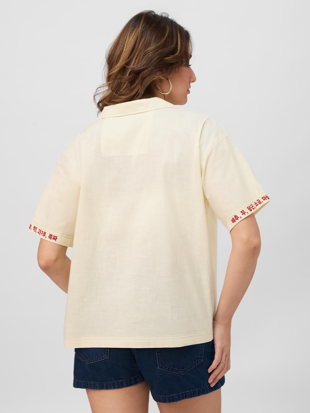 The Souled Store Cotton Linen Shirt: Kimchi Women and Girls Short Sleeves Spread Collar Graphic Printed Cotton Linen Blend Oversized Fit Lightweight Summer-Ready Holiday Shirt for Casual Streetwear